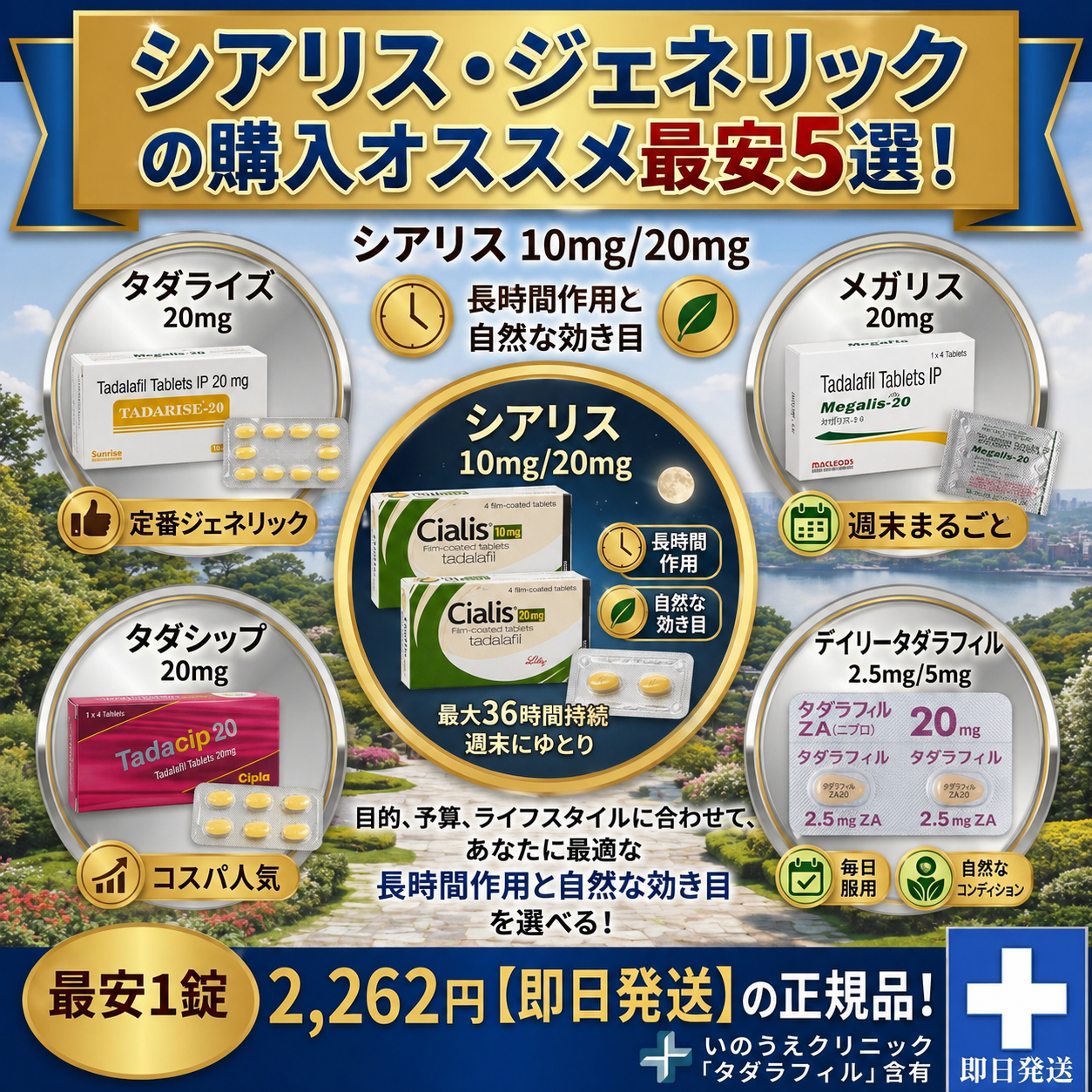 シアリス・ジェネリックの購入オススメ最安5選！ 長時間作用と自然な効き目 シアリス 10mg/20mg 最安1錠2,262円【即日発送】の正規品！