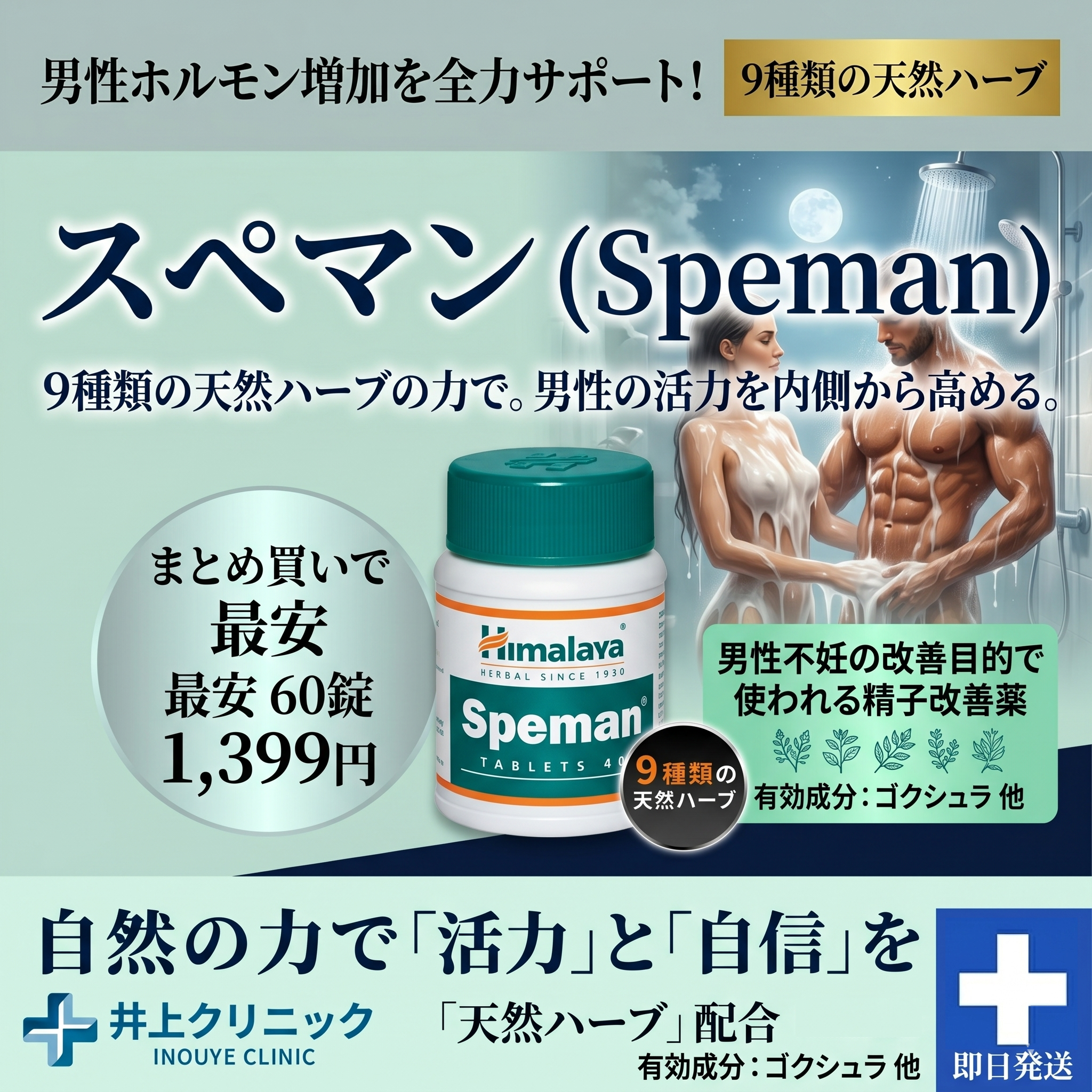 男性ホルモン増加を全力サポート！ 9種類の天然ハーブ スペマン(Speman) まとめ買いで最安1,399円/60錠 いのうえクリニック